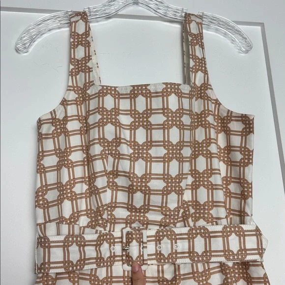 Ann Taylor Cream and Tan Geometric Midi Dress with Belt - Picture 3 of 5